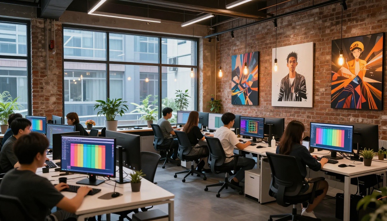Creative agency office with designers working at AI-powered workstations Creative agency office with designers working at AI-powered workstations