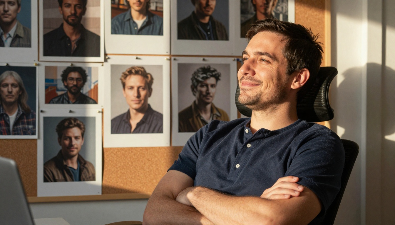 Graphic designer reviewing printed AI artwork in studio