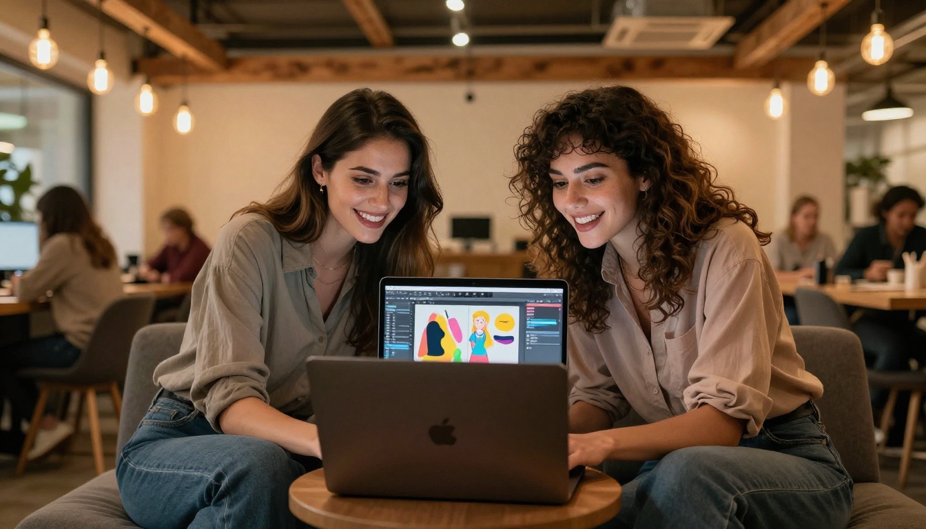 Two creative professionals collaborating on laptop