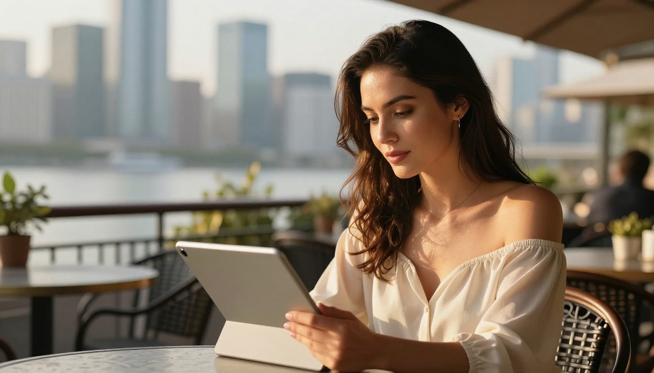 Woman reviewing platform on tablet at outdoor cafe