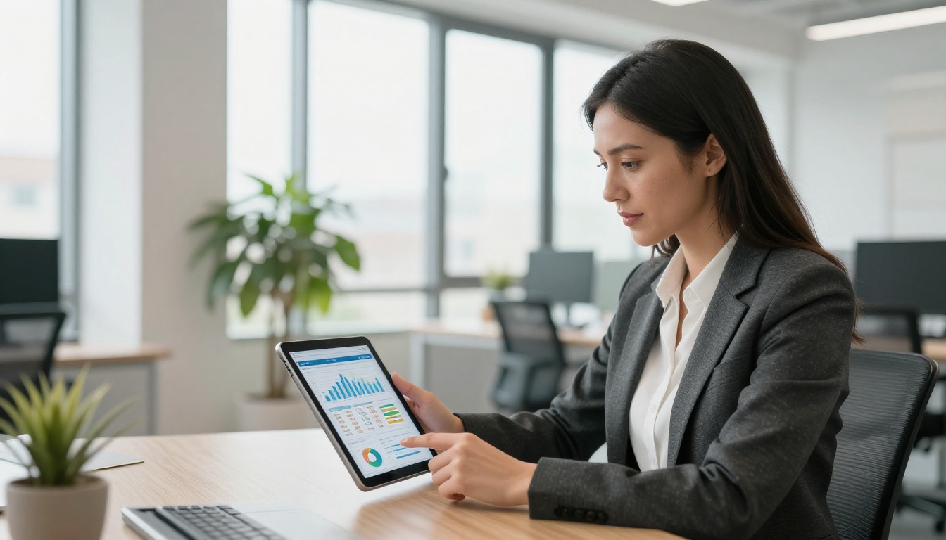 Professional woman in office reviewing data