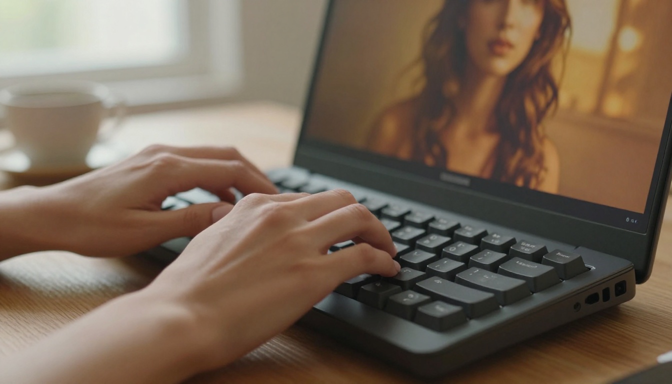 Hands typing on laptop with AI-generated portrait on screen