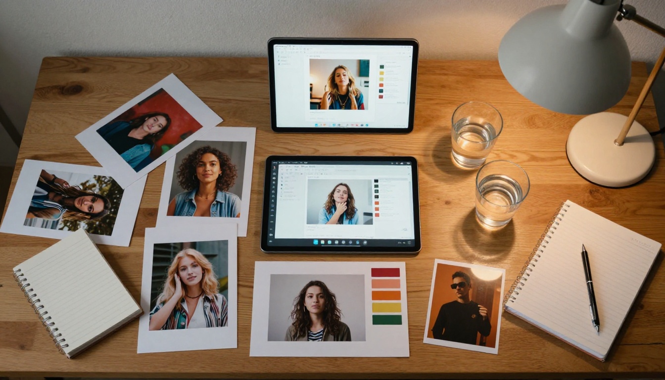 Aerial view of creative professional's workspace with printed AI-generated images