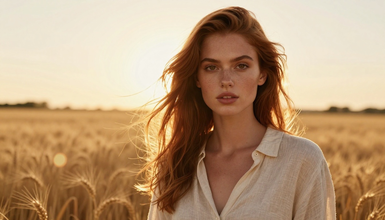 Photorealistic portrait of woman in golden wheat field at sunset