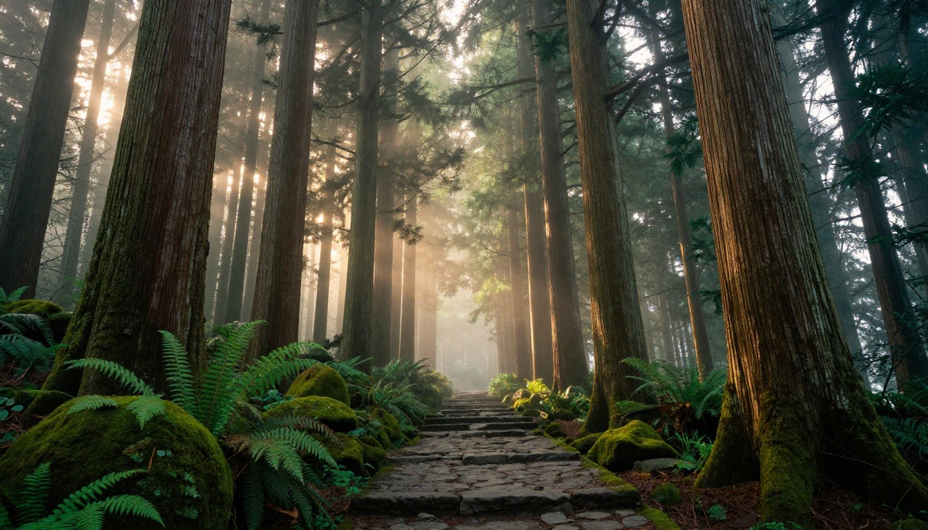 Cinematic misty Japanese cedar forest at dawn with light filtering through canopy