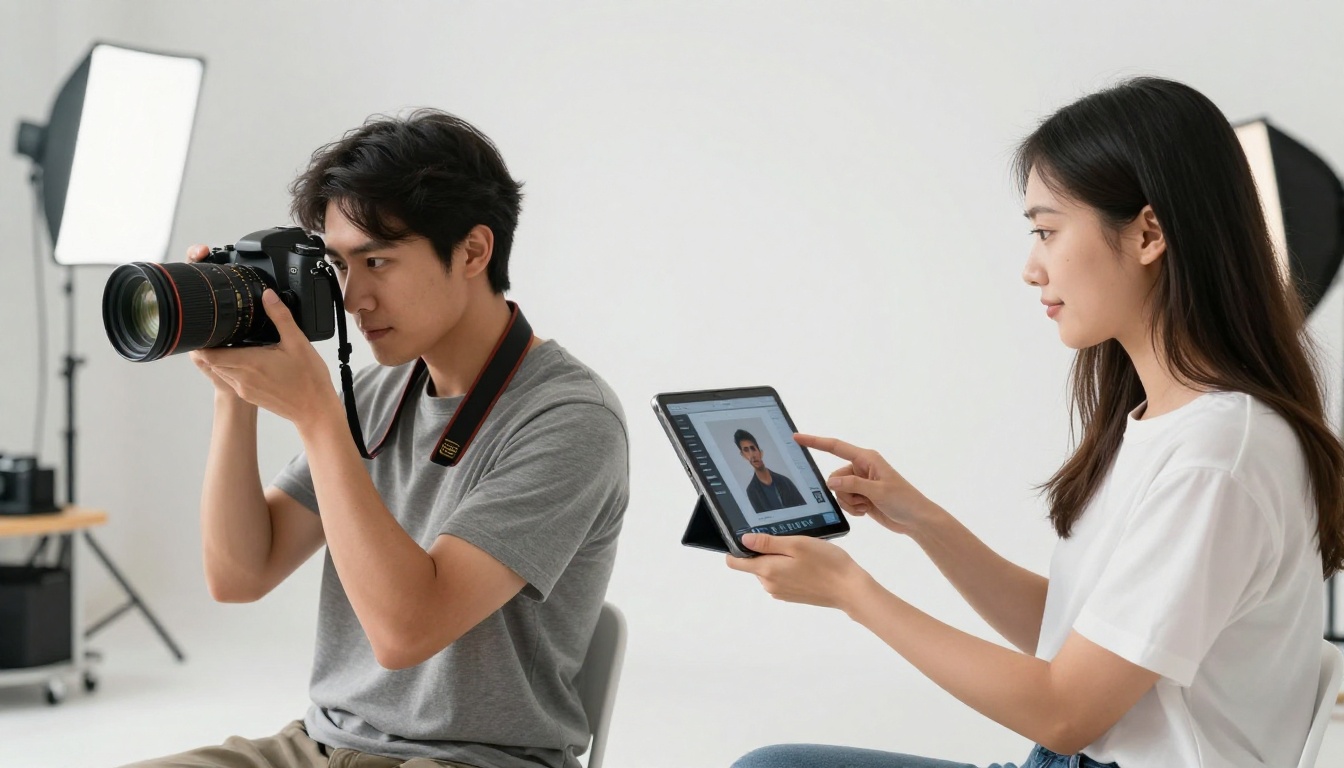 Two professional photographers comparing traditional camera output versus AI art platform