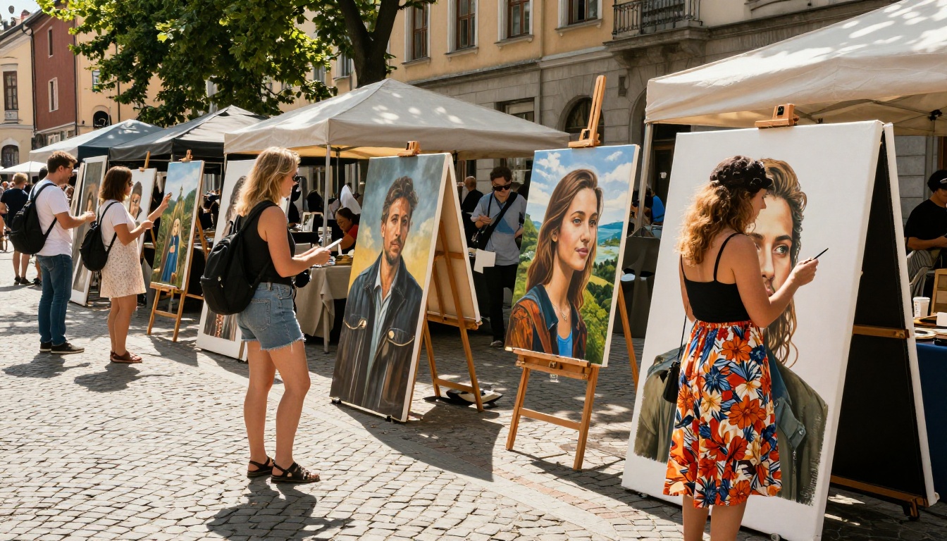 Vibrant outdoor art market with large canvas prints of AI-generated photorealistic images on display