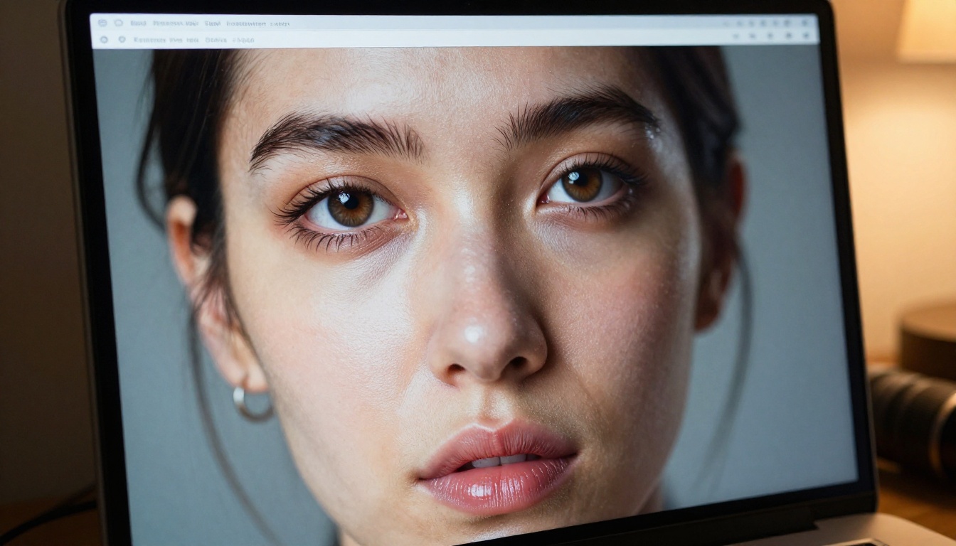 Macro close-up of computer monitor showing hyper-detailed AI-generated portrait face