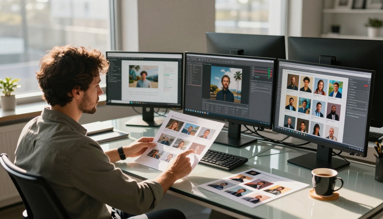 Professional creative director reviewing AI-generated image comparison sheets at modern office desk