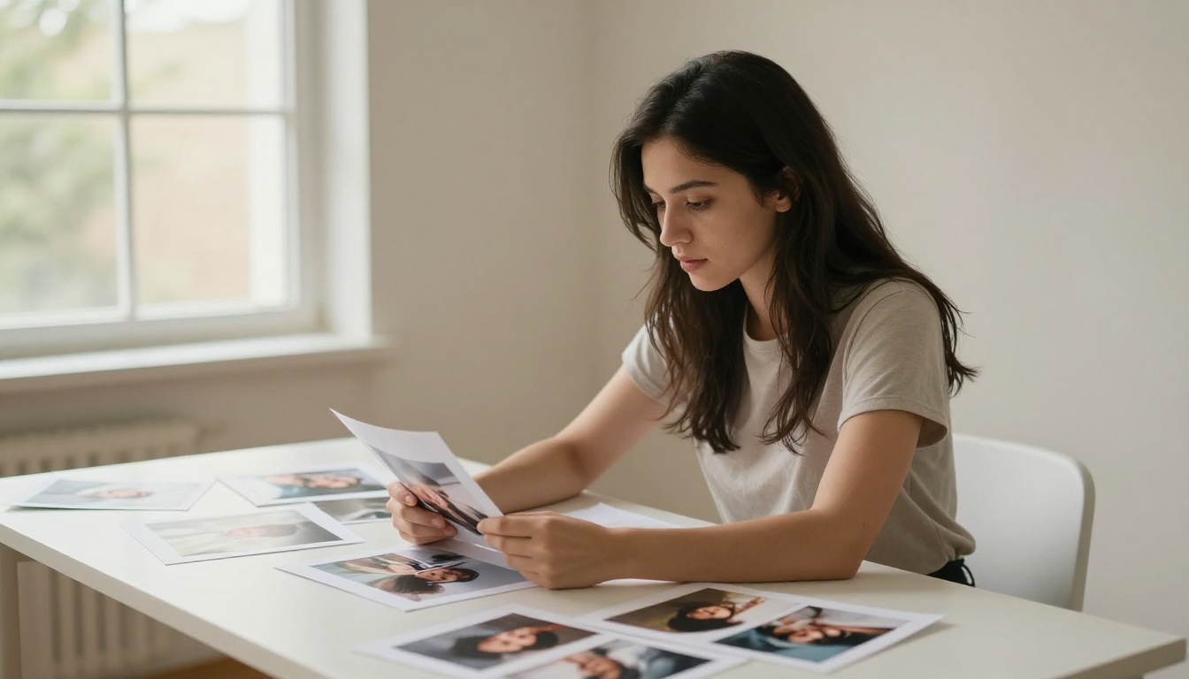 Woman at a minimalist desk examining printed AI-generated photographs in warm studio light