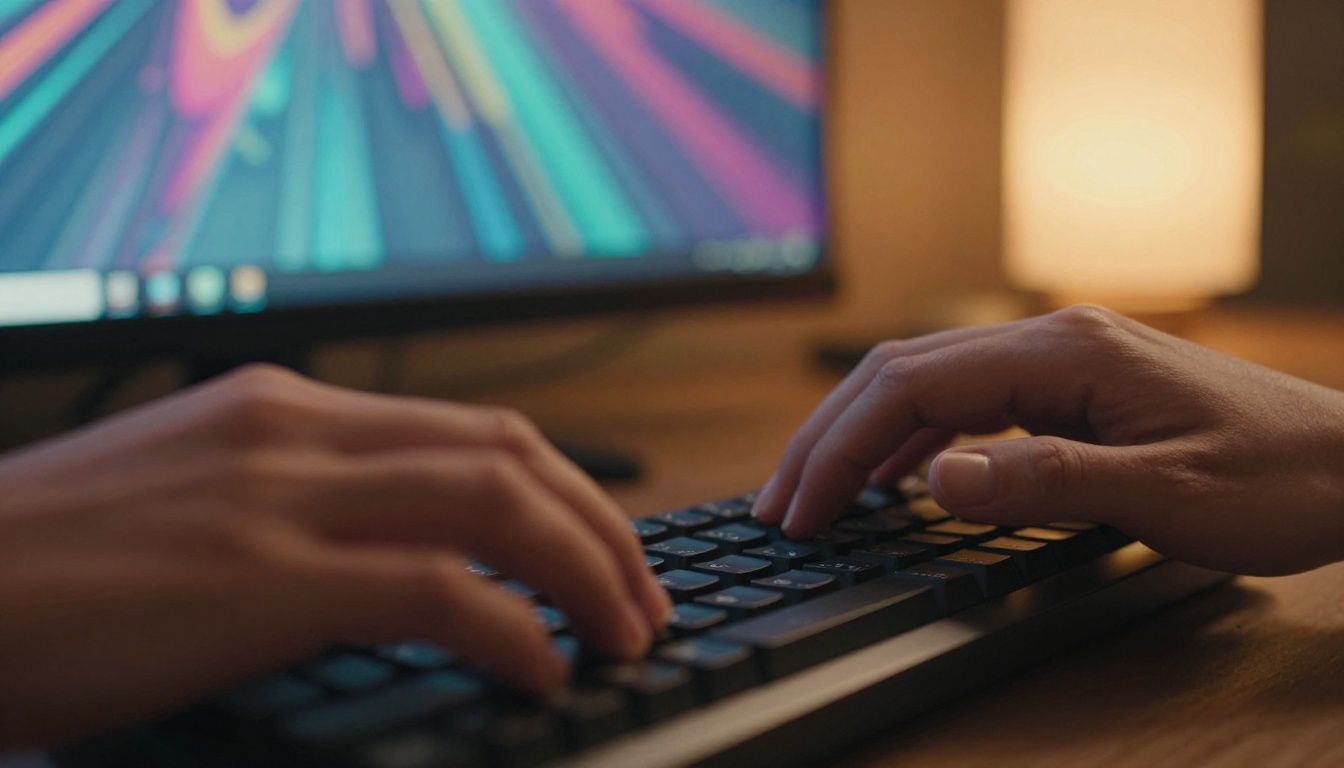 Close-up of hands typing prompts on a mechanical keyboard with AI imagery glowing on a monitor behind