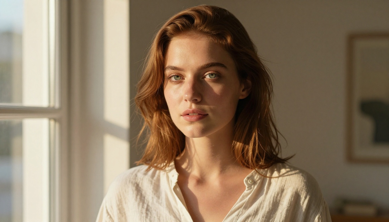Photorealistic portrait of a young woman with chestnut hair in golden morning light demonstrating Flux Dev output quality