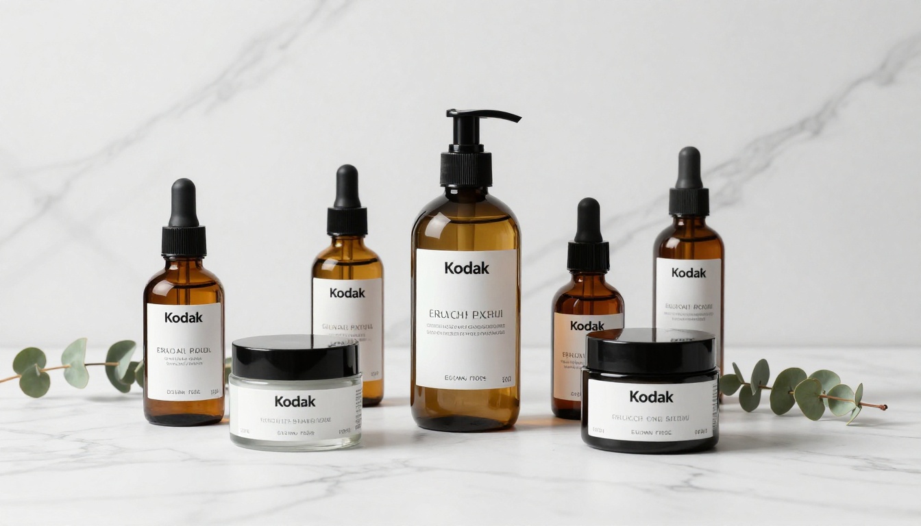 Luxury skincare product flatlay on white marble surface in soft studio light