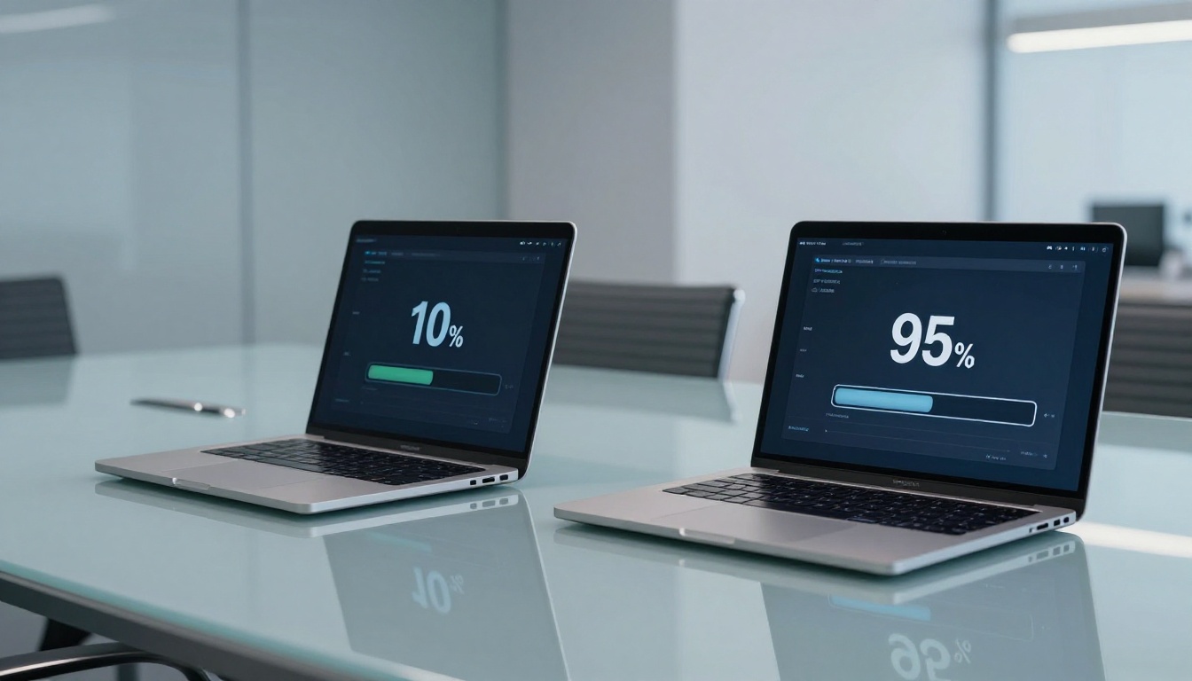 Two laptops side by side on a conference table showing generation progress at different speeds