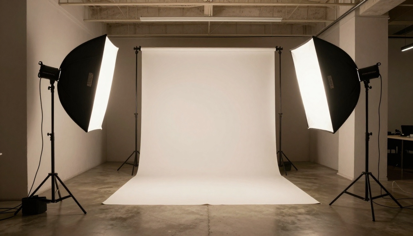 Empty professional photography studio with softbox lights and seamless backdrop ready for a shoot