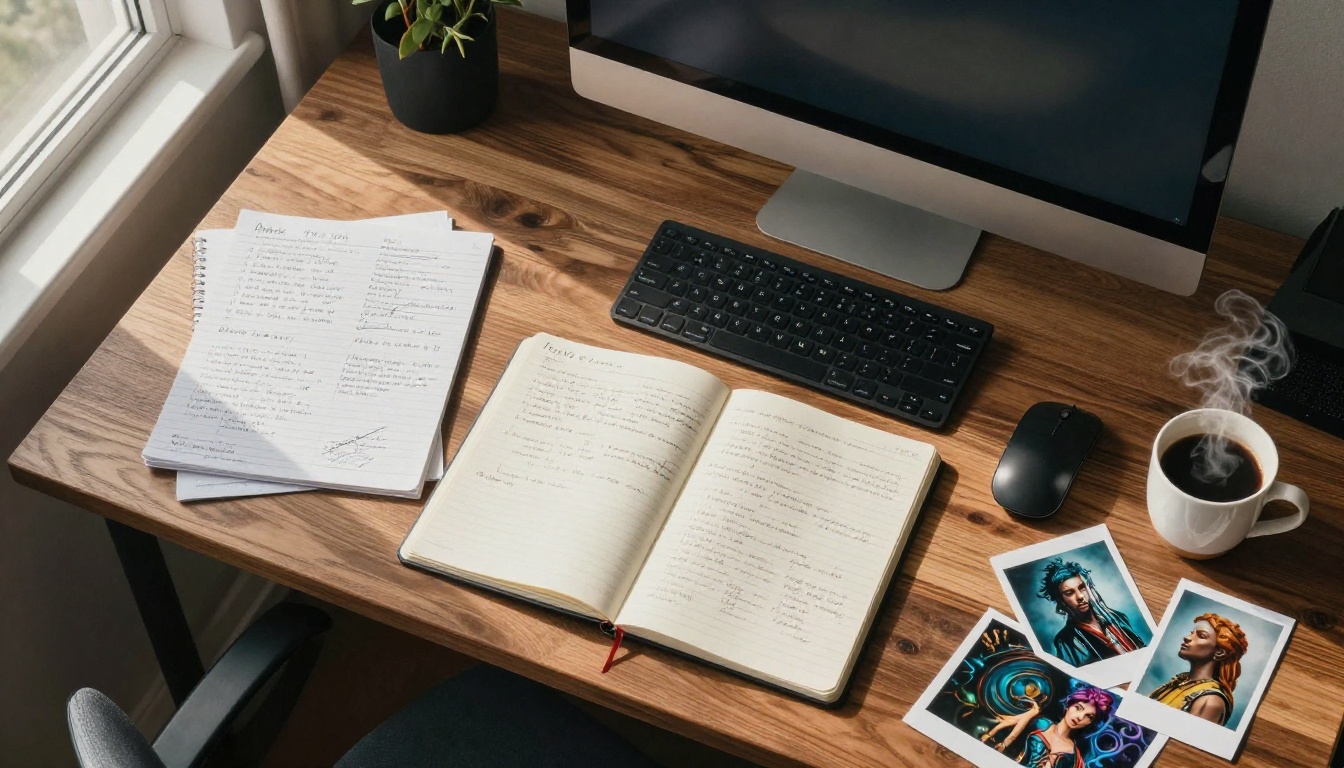 Aerial overhead view of a creative workspace with notebooks, printed AI images, and a monitor