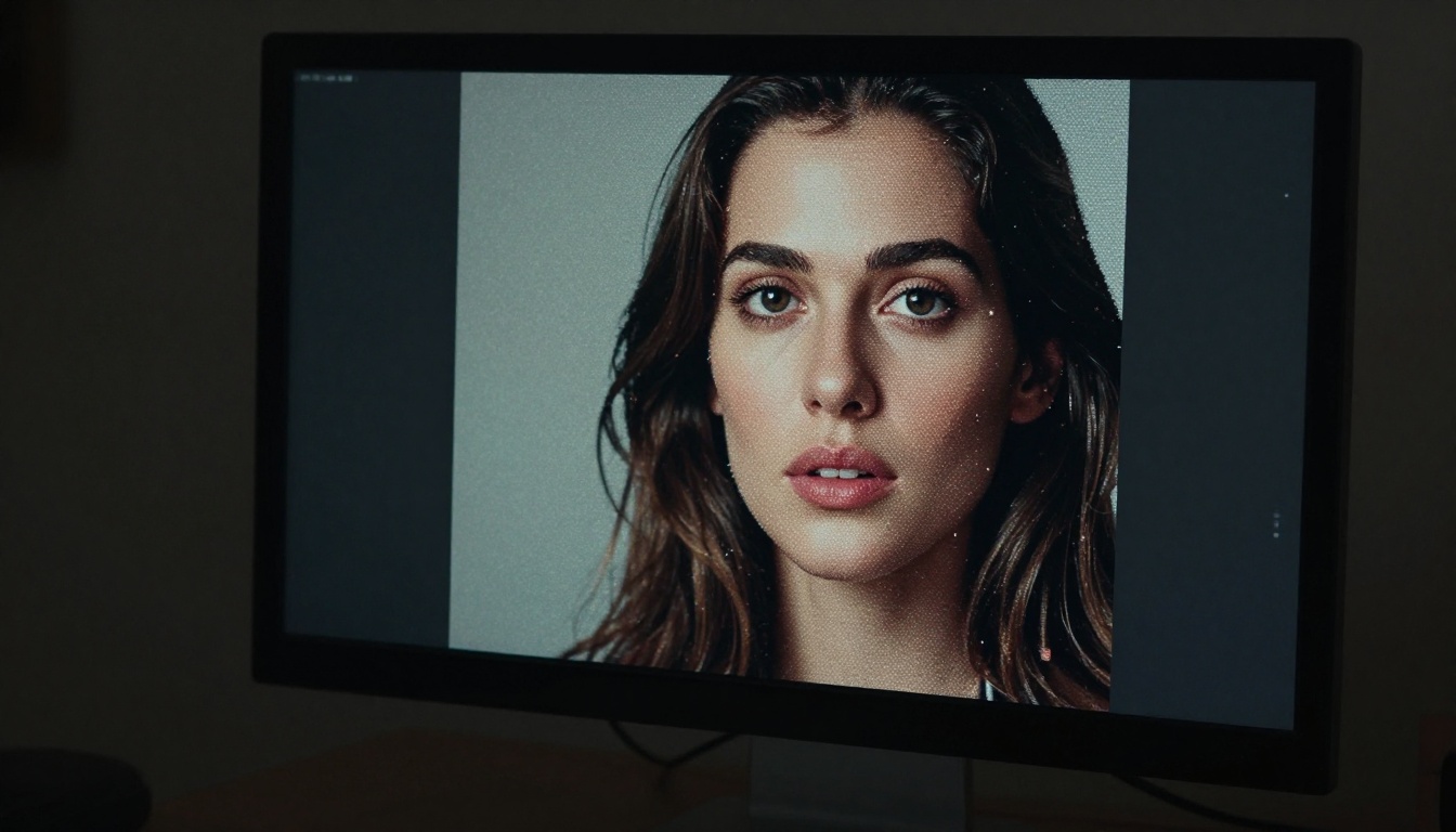 Close-up of a dark monitor screen displaying a photorealistic AI portrait being rendered pixel by pixel