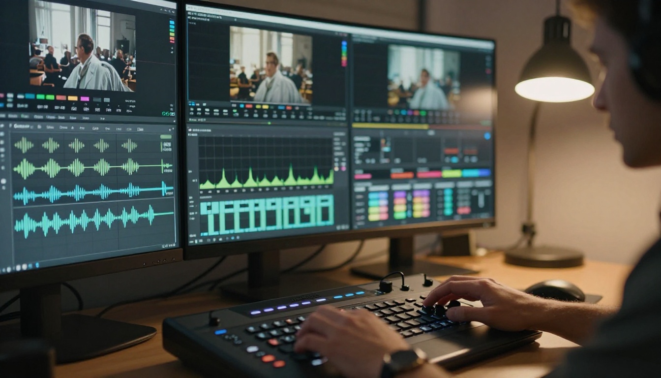 Professional video editor at color grading suite with multiple monitors showing cinematic footage timelines and waveform displays