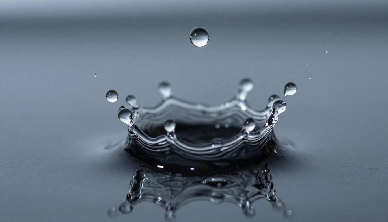Extreme macro of water droplet crown suspended mid-air on obsidian surface, brilliant strobe highlights on each satellite droplet, black reflective background