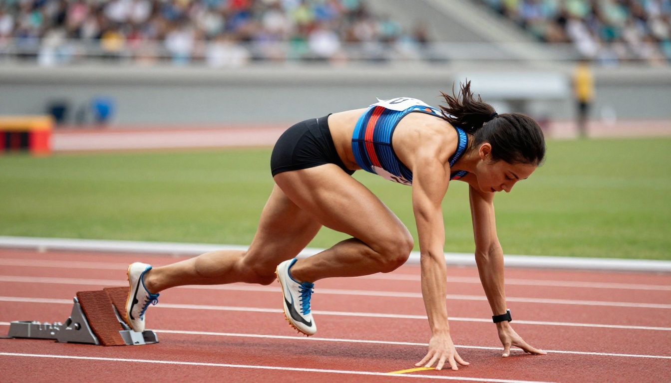 Female sprinter exploding off starting blocks on competition track, motion frozen at high shutter speed, low angle ground shot with shallow depth of field
