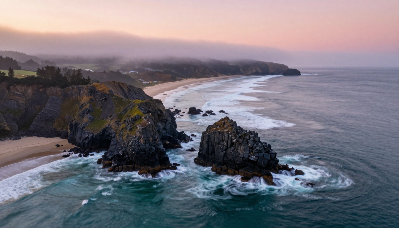 Aerial drone view of rugged Pacific coastline at sunrise with dark basalt sea stacks, morning mist on headlands, pink and gold sky reflected in wet sand
