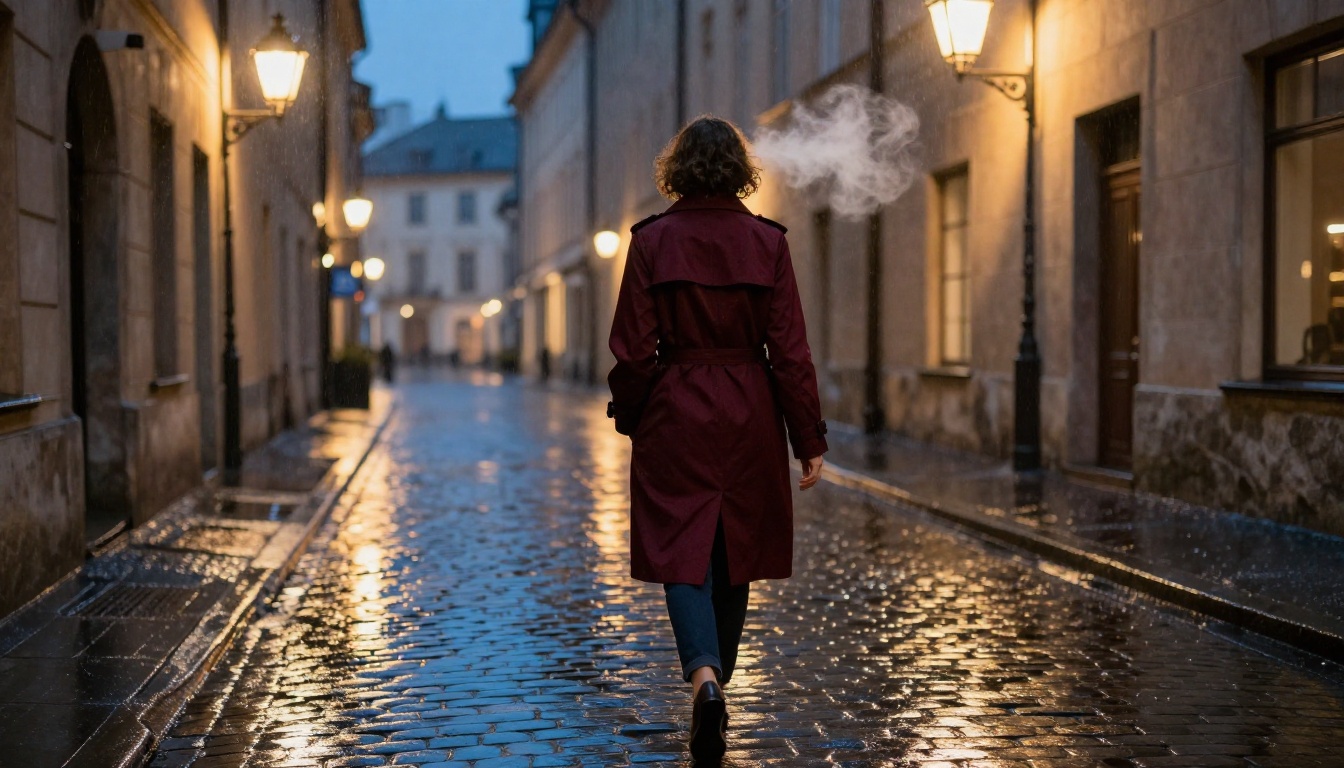 Woman in burgundy trench coat walking rain-soaked cobblestone alley at blue hour, wet stones reflecting amber lantern light, visible breath in cold air