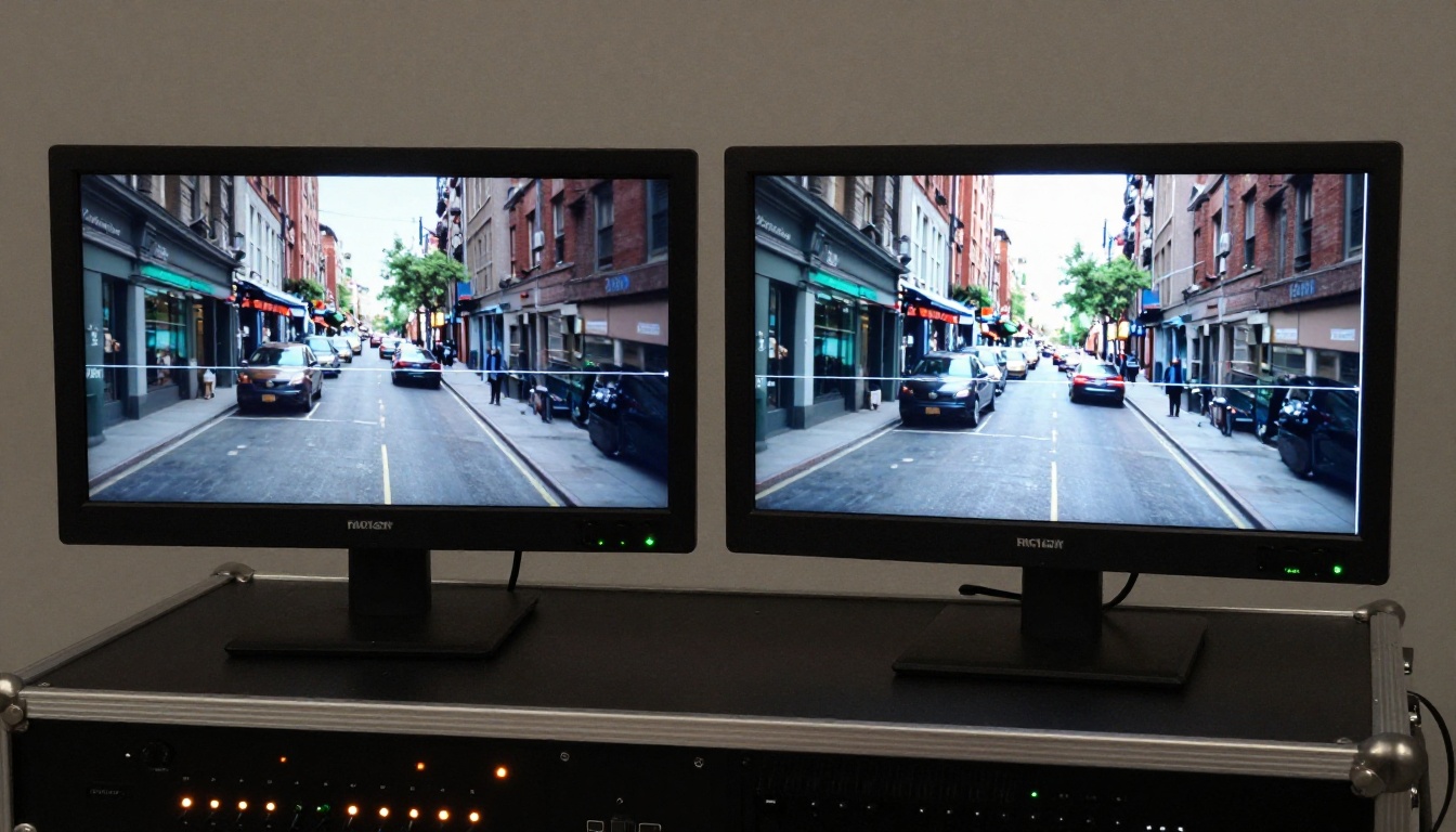 Two professional broadcast monitors side by side on production rack comparing footage quality in dark studio, amber and green LEDs glowing on equipment
