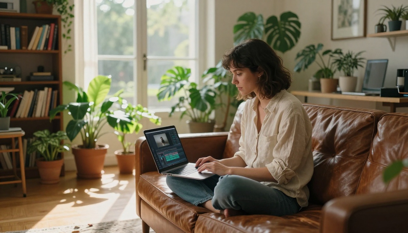 Woman content creator on vintage leather couch with laptop showing video editing timeline, natural morning light through floor-to-ceiling windows, plants in soft background bokeh
