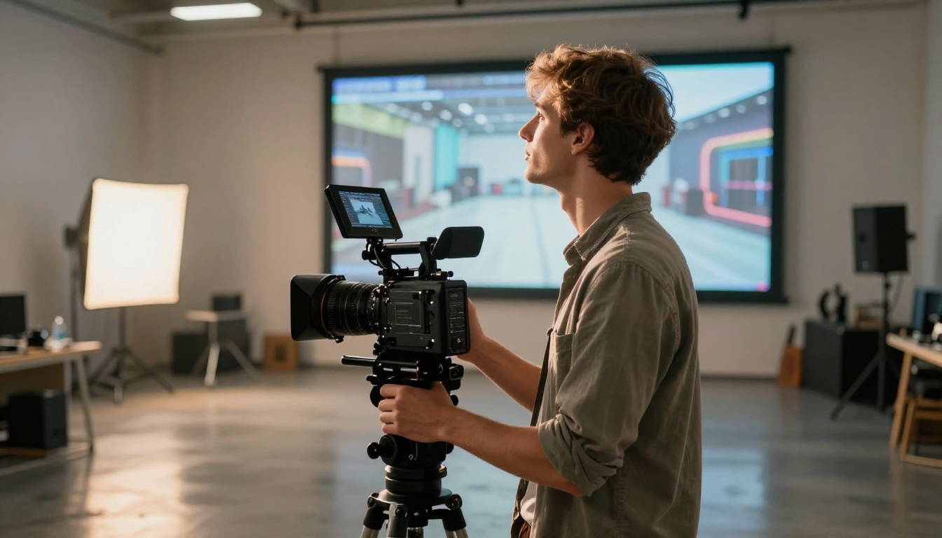 Filmmaker examining AI-generated video footage on studio monitor, low-angle shot
