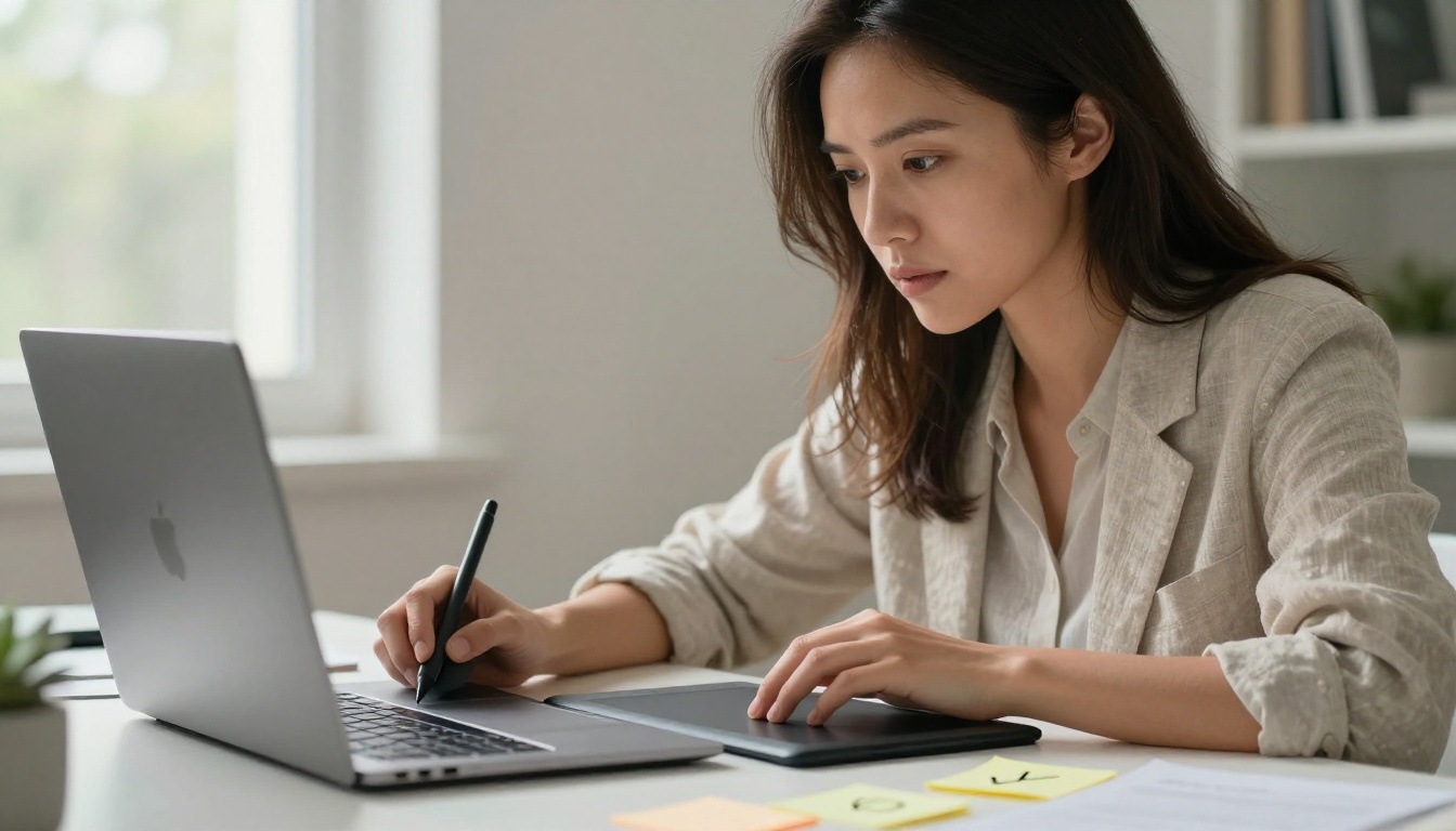 Focused woman analyzing AI video output results on laptop at clean white desk