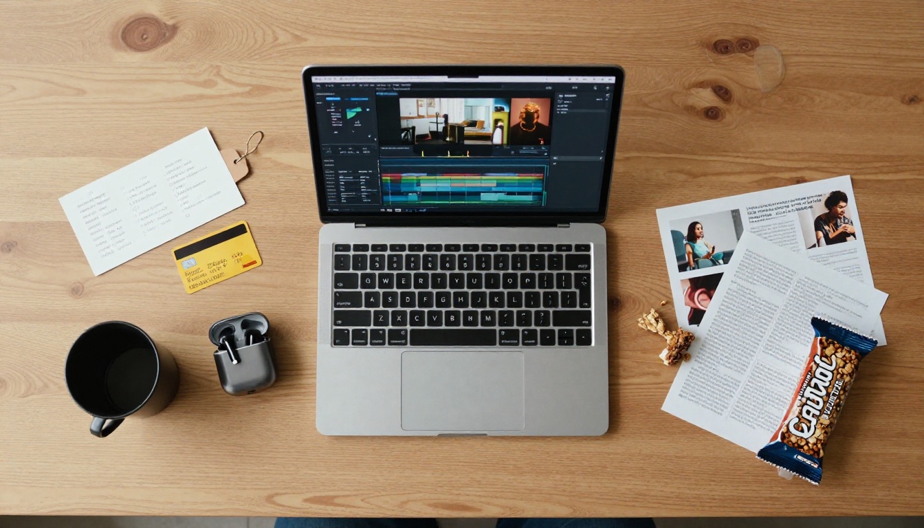 Flat-lay aerial view of content creator workspace with laptop, credit card, and video stills
