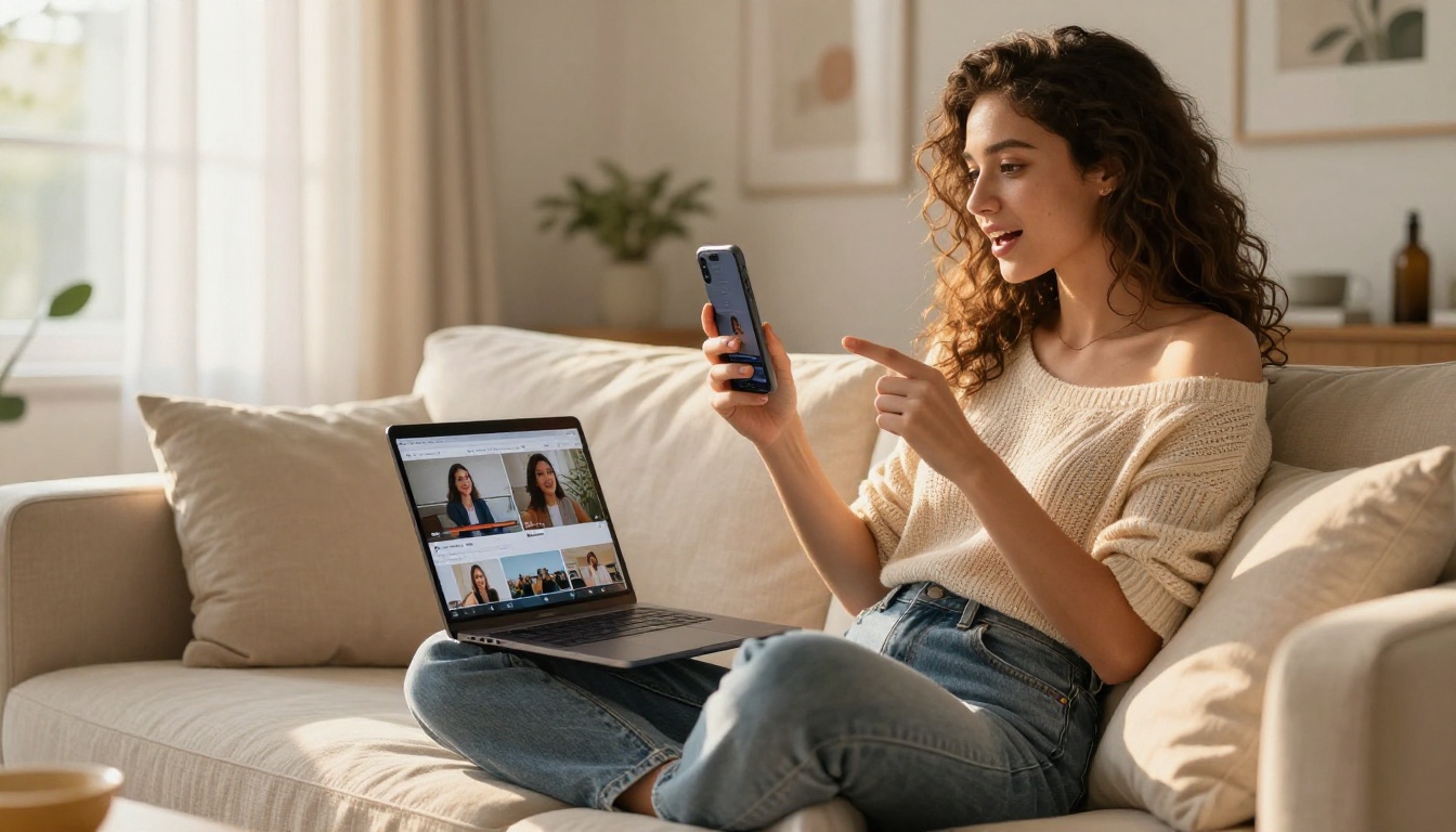 Social media content creator reviewing AI video outputs on laptop at home, golden hour light