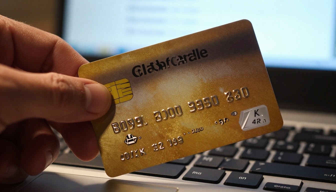 Macro close-up of hand holding credit card near keyboard with subscription page visible on monitor