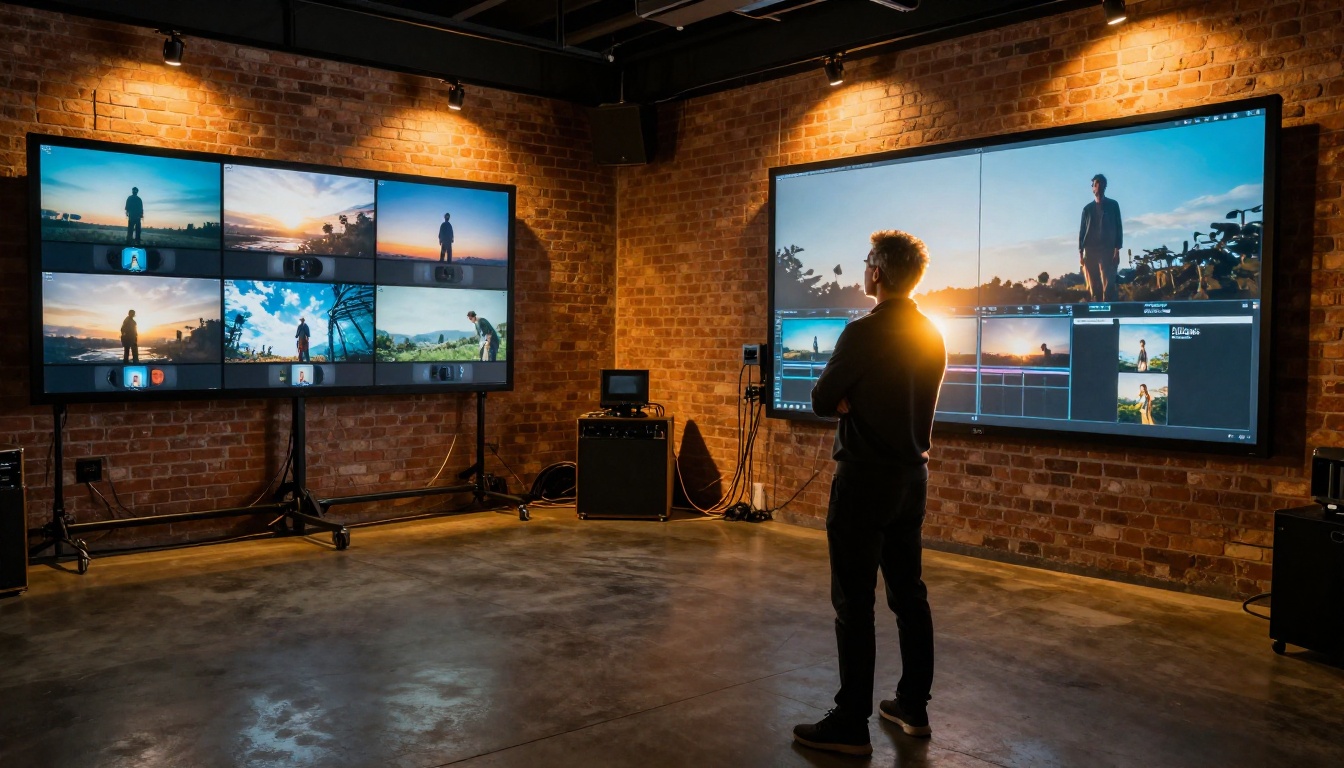 Creative director examining AI video outputs on wall-mounted monitors in professional studio at dusk