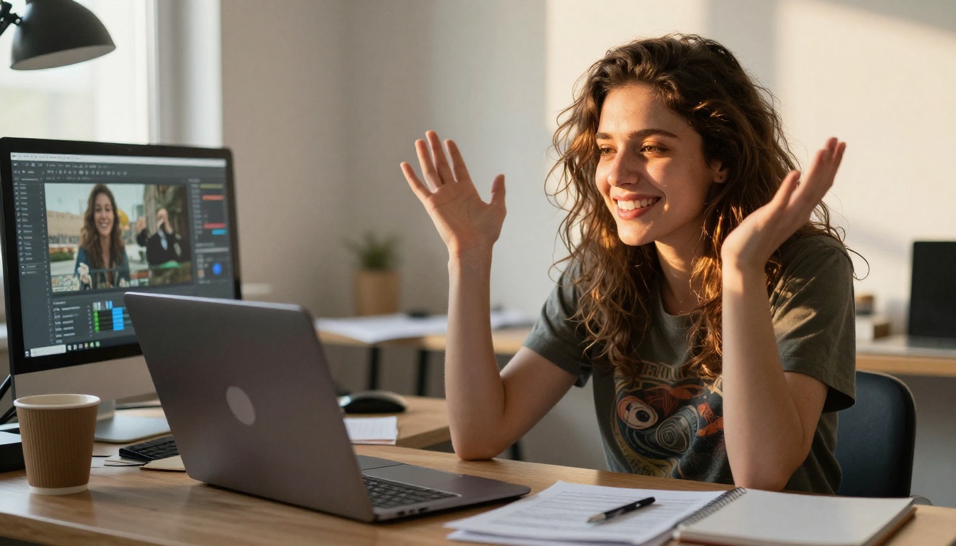 Young woman celebrating completed AI video project at her desk, authentic golden hour expression