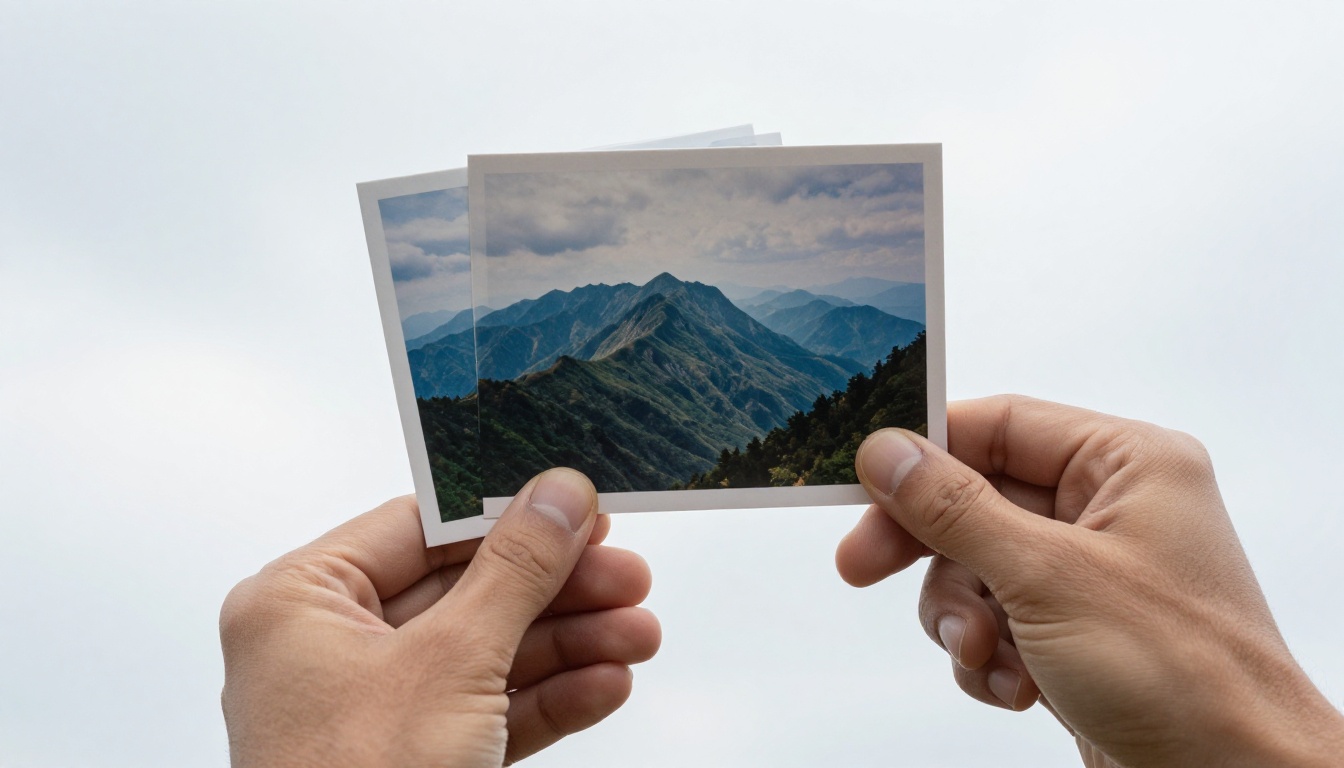 Two printed photographs held up to overcast daylight, one with ultra-sharp mountain landscape and one with warmer softer tones, weathered hands with visible knuckle detail