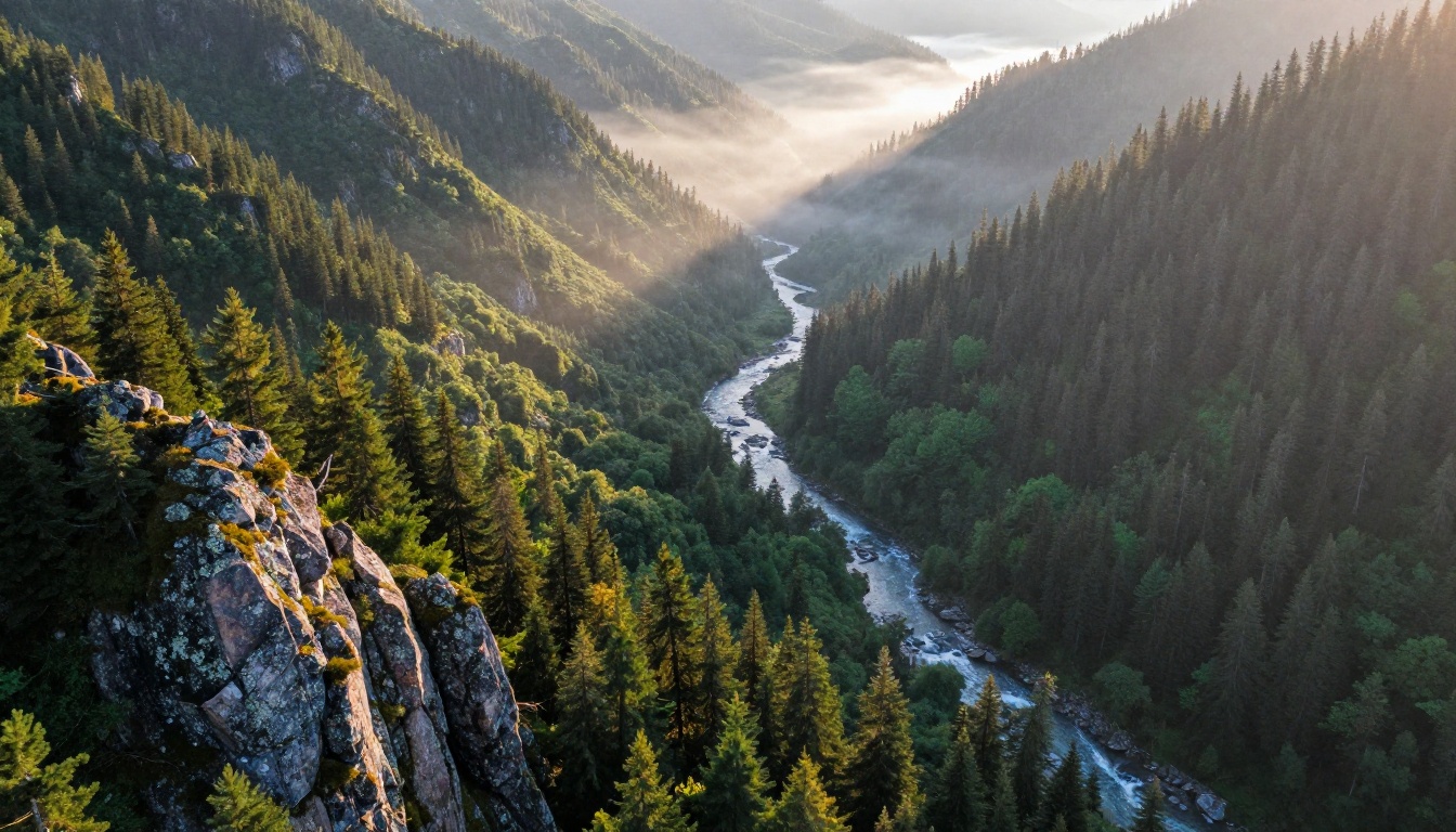 Aerial drone perspective of a mountain valley with winding river, morning mist, pine forests on hillsides, golden hour light raking across treetops