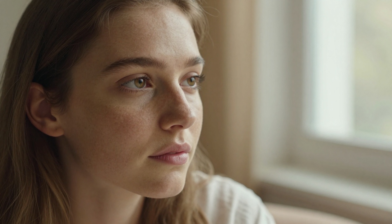 Natural light portrait of a young woman with freckles near a large window, soft afternoon light with catch-light in eyes, shallow depth of field