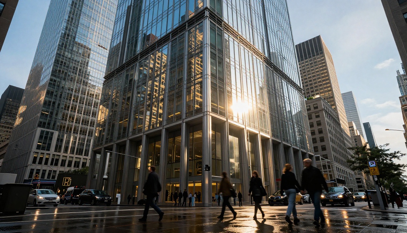 Wide angle street-level shot looking up at a modern glass skyscraper, late afternoon sun reflecting geometric gold and blue patterns, wet pavement mirror reflection below