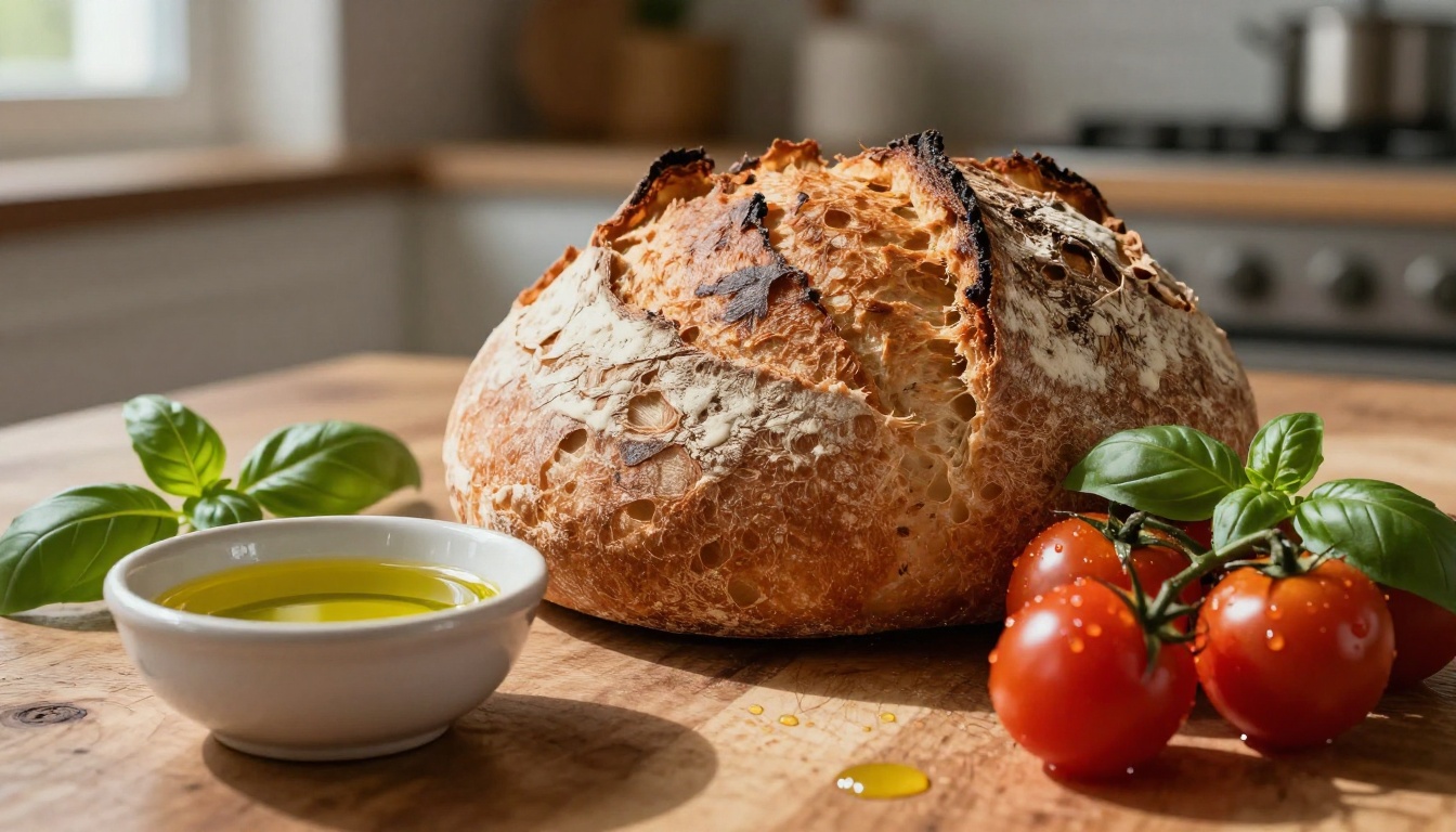 Close-up macro food photography of rustic sourdough bread, cherry tomatoes with water droplets, fresh basil leaves, warm directional window light from the left