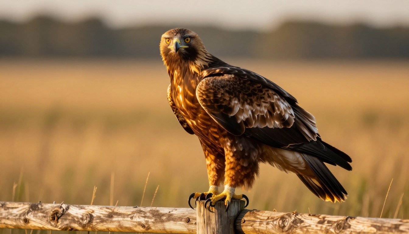 Telephoto wildlife shot of a golden eagle perched on a weathered fence post in an open prairie, individual feather barb structures visible, piercing amber eye with catch-light, warm golden hour rim light