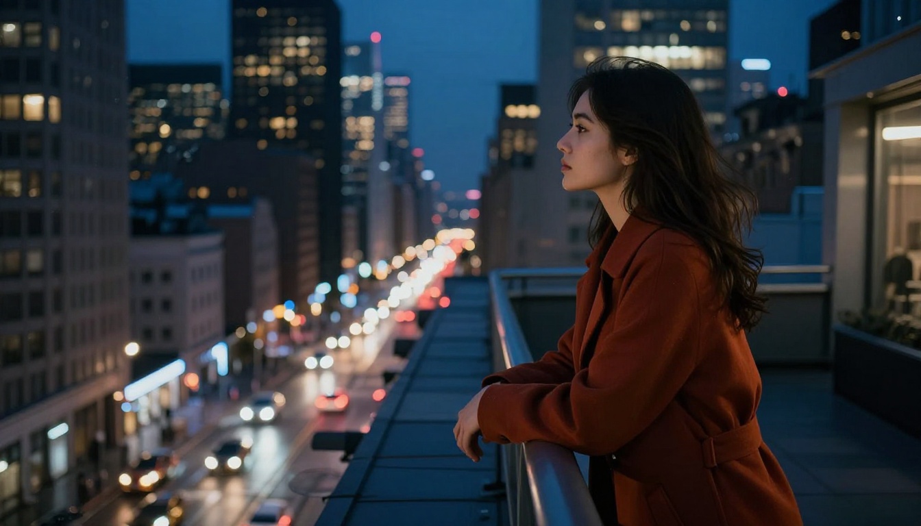 Night cityscape from a rooftop terrace at blue hour, young woman in rust-colored coat looking at city skyline, city lights reflecting on wet streets below, ambient cool blue glow on face
