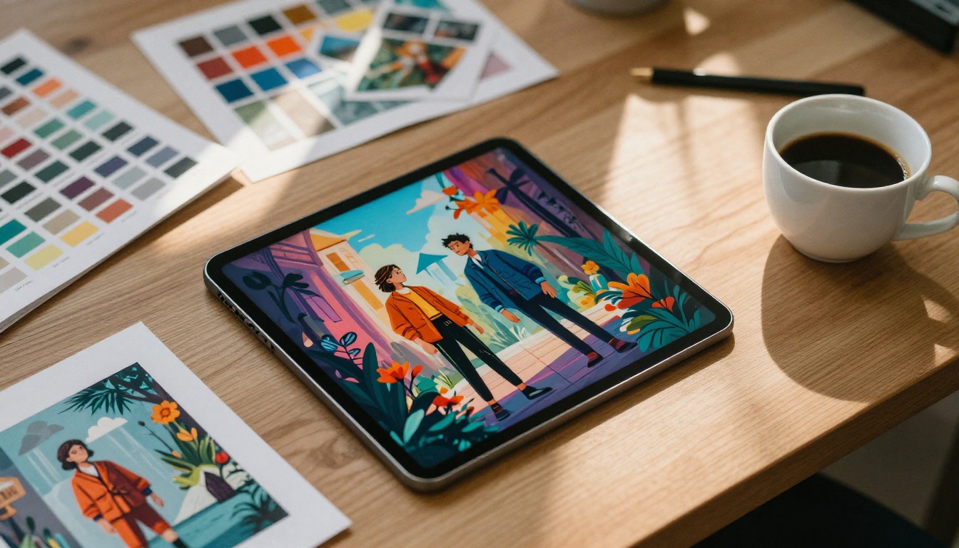 Creative professional's desk with tablet showing AI artwork, stylus, color swatches, printed references, espresso in white ceramic cup, natural side window light