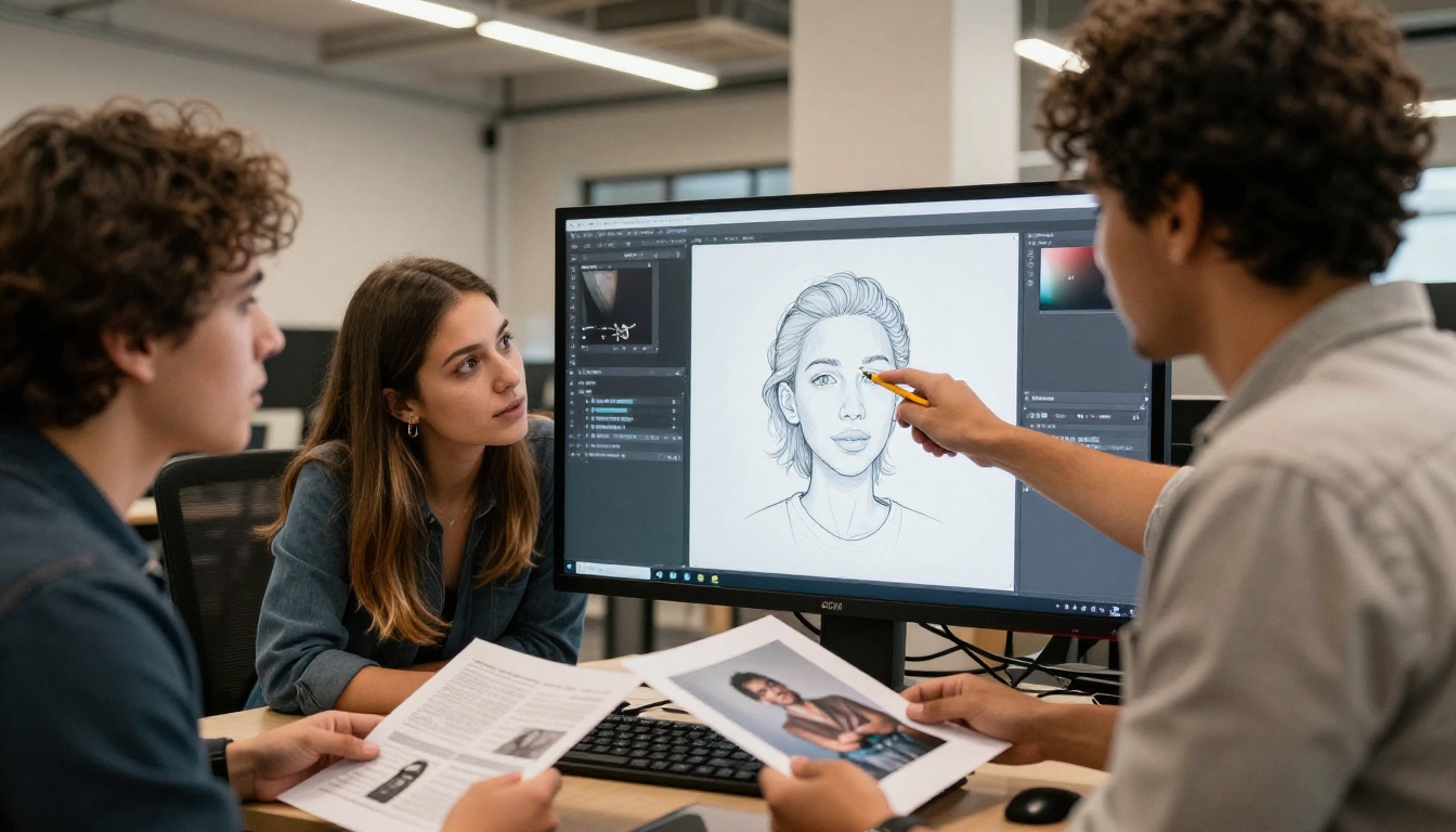 Three creative professionals gathered around a large studio monitor studying AI-generated images, one pointing with a pencil, another holding a printed photo for comparison, warm indirect lighting