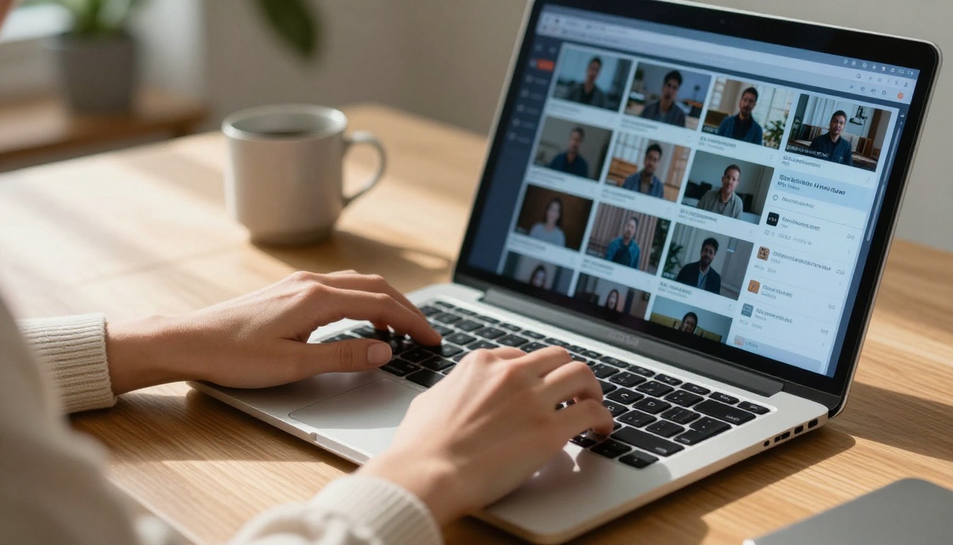 Content creator reviewing AI video platform pricing on laptop with screen glow illuminating face