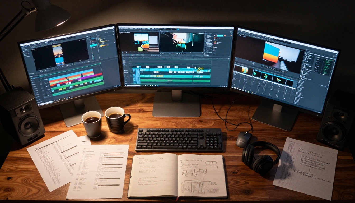 AI video production desk setup photographed from overhead