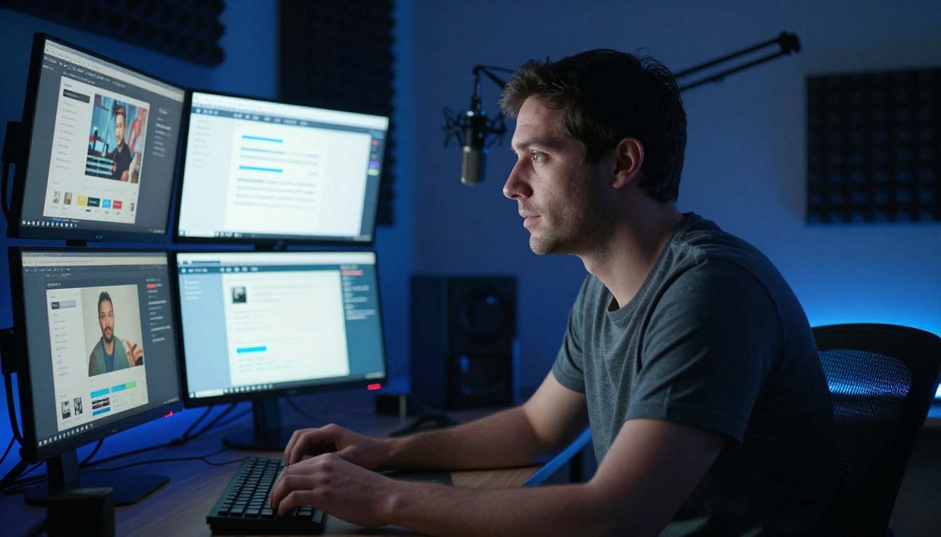 Male content creator studying triple monitor AI video dashboard setup in darkened studio