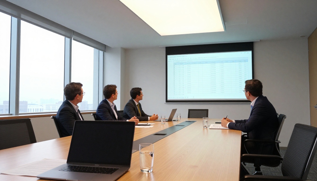 Business meeting room with professionals reviewing AI pricing comparison on projector screen