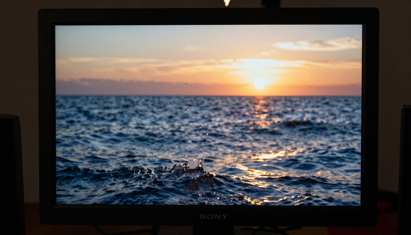 Macro close-up of a cinematic 4K video frame frozen on a professional color-grading monitor