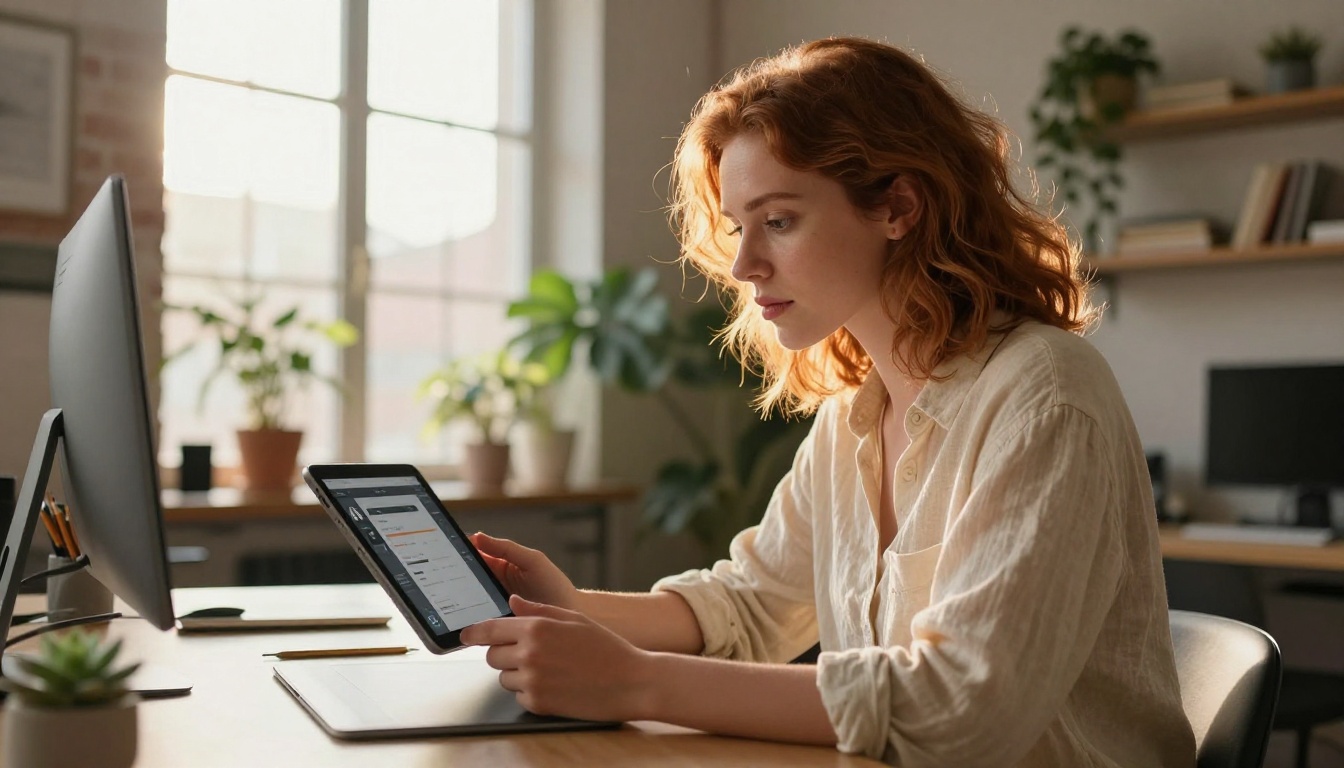 Freelance creative woman reading AI video pricing plans on a tablet in a bright modern loft
